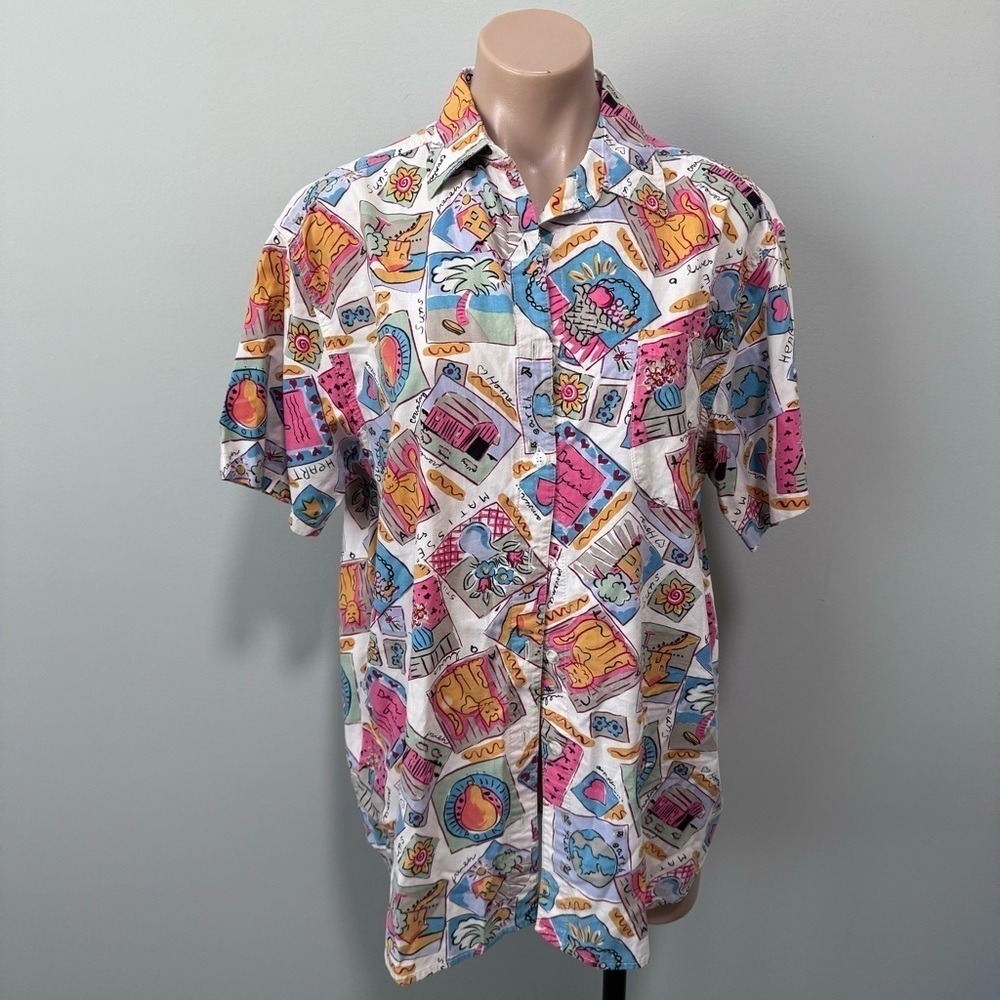 Hunt Club Vintage Button Down Shirt Medium Cat Earth Heart Postcard Home Pear